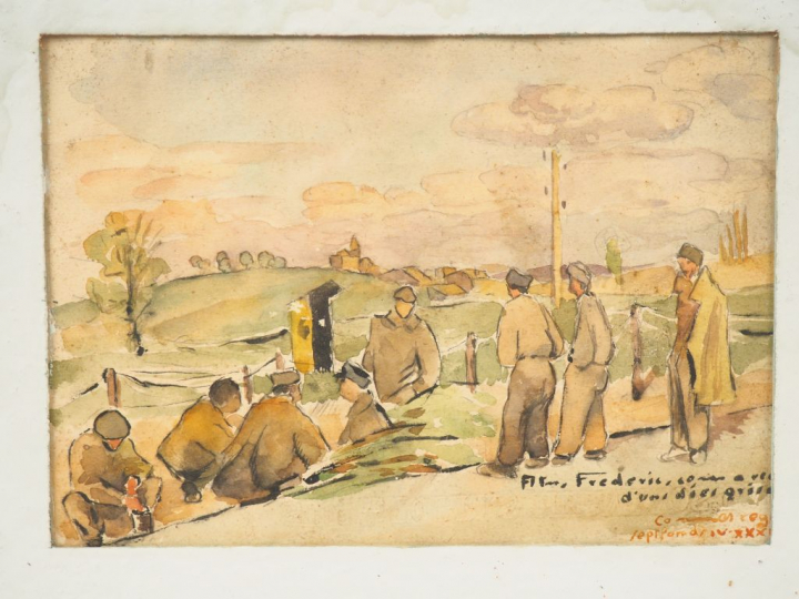 Ecole française XXème. "Les militaires". Aquarelle, signée en bas à dr