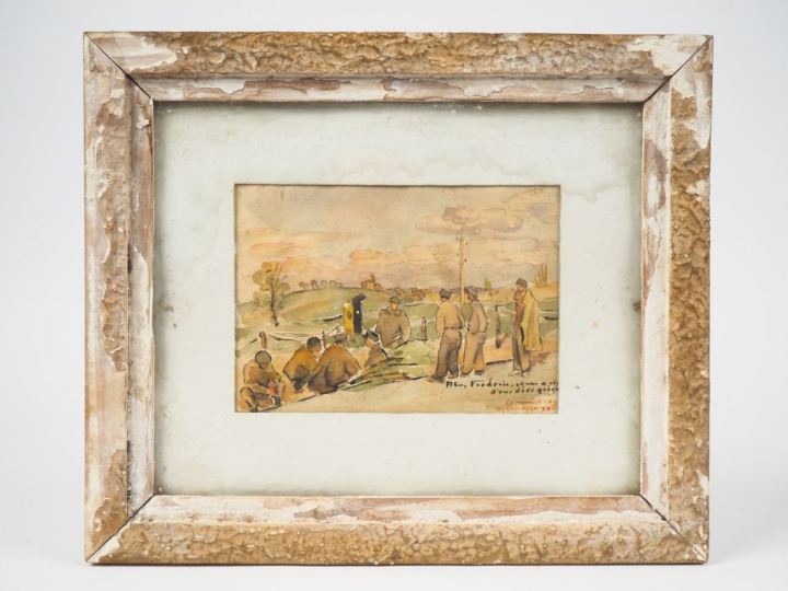 Ecole française XXème. "Les militaires". Aquarelle, signée en bas à dr