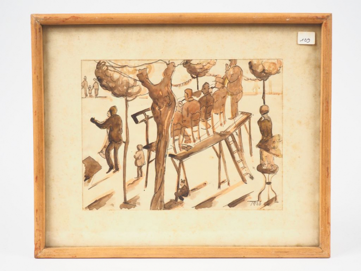 Ecole française XXème. "Le bal en plein air". Lavis, daté en bas à dro