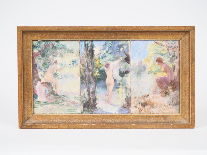 Ecole française début XXème. 3 tableautins dans un même encadrement "J