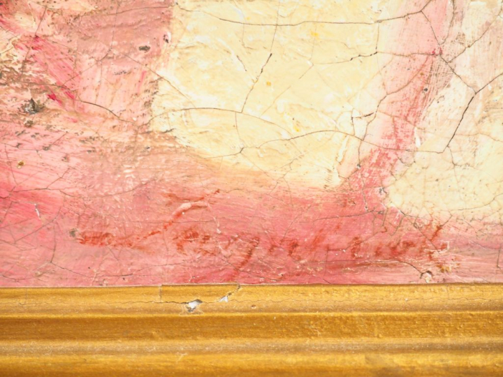 Ecole française XXème. "Table dressée". Huile sur toile, signée en bas