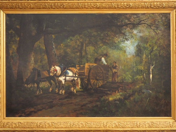 Ecole française XXème. "le chargement de bois". Huile sur toile. Dim. 