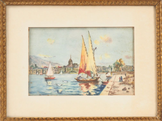 Vente aux enchères Ecole française XXème. "Voiliers au port" Aquarelle, signée en bas à d