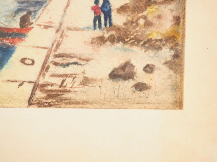 Ecole française XXème. "Voiliers au port" Aquarelle, signée en bas à d