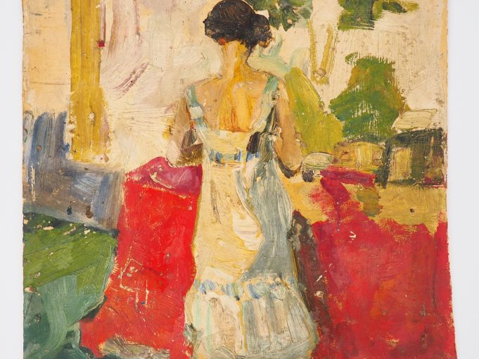 Mario CAVAGLIERI.  "Giulietta de dos en jupon blanc dans l'atelier" Hu