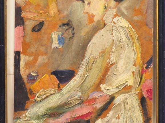 Mario CAVAGLIERI.  "Giulietta (?) au piano" Huile sur carton, signée e