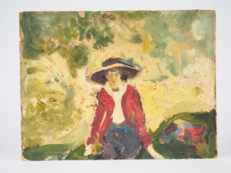 Vente aux enchères Mario CAVAGLIERI.  "Jeune fille à la veste rouge" Huile sur carton, ti