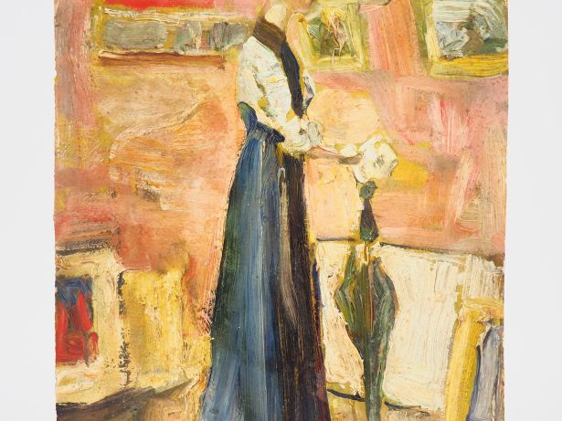 Mario CAVAGLIERI. "Jeune femme visitant l'atelier" Huile sur carton, t