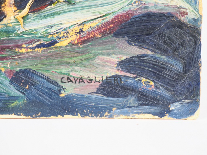 Mario CAVAGLIERI.  "Intérieur" Huile sur carton, signée en bas à droit