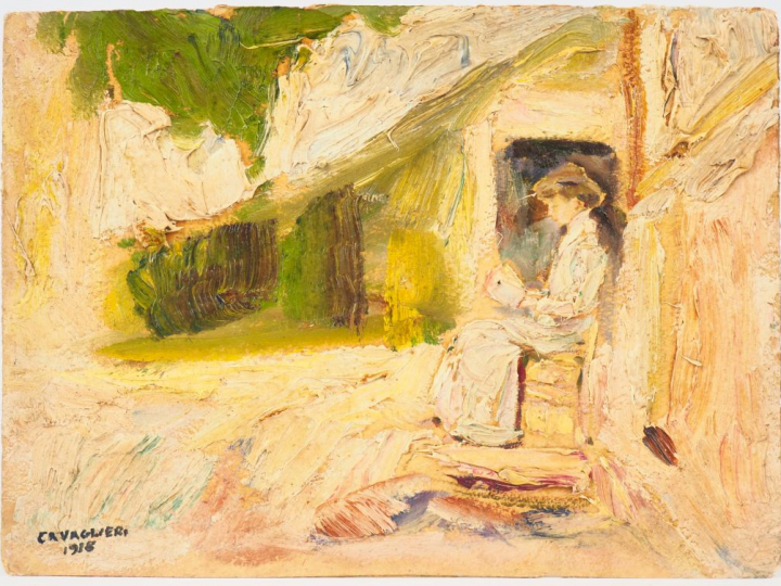 Mario CAVAGLIERI.  "La lecture en plein air" Huile sur carton, signée 
