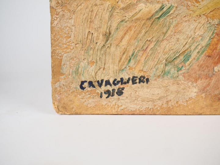 Mario CAVAGLIERI.  "La lecture en plein air" Huile sur carton, signée 