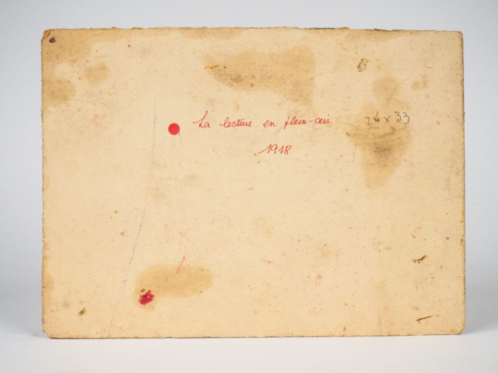 Mario CAVAGLIERI.  "La lecture en plein air" Huile sur carton, signée 