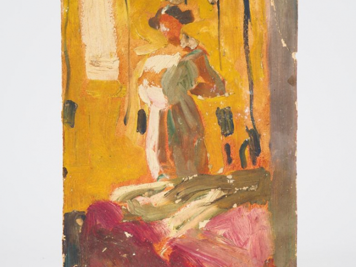 Mario CAVAGLIERI.  "Giulietta debout dans l'atelier, devant le rideau 