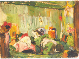 Vente aux enchères Mario CAVAGLIERI.  "La chambre verte" Huile sur carton, titrée et daté