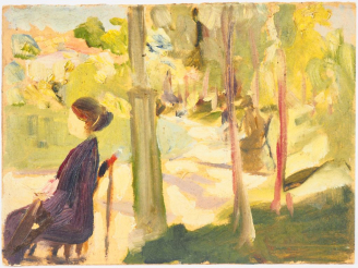 Vente aux enchères Mario CAVAGLIERI.  "Jardin public" Huile sur carton, titrée et datée a