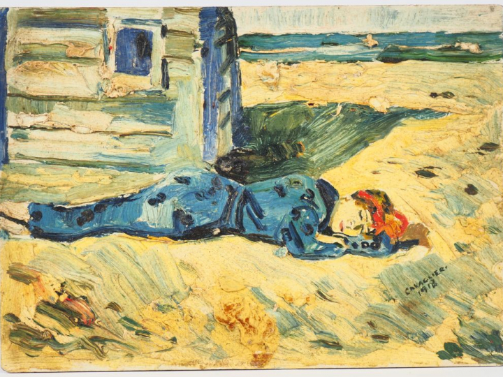 Mario CAVAGLIERI.  "Femme couchée sur le sable" Huile sur panneau, sig