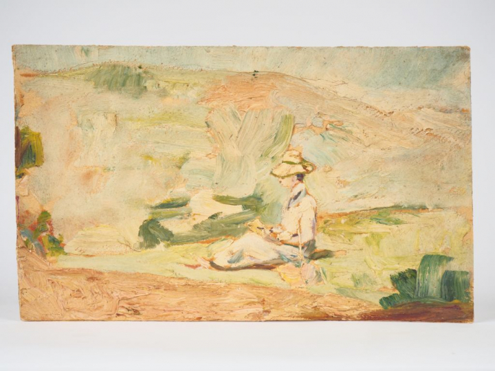 Mario CAVAGLIERI.  "Lecture dans le pré" Huile sur carton, titrée et d