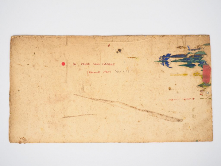 Mario CAVAGLIERI.  "La pause sous l'arbre" Huile sur carton, datée et 