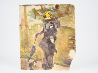 Vente aux enchères Mario CAVAGLIERI.  "Giulietta à la plume jaune" Huile sur carton, titr