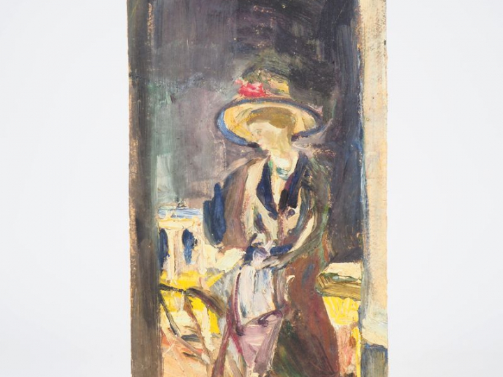 Mario CAVAGLIERI.  "La visite" Huile sur carton, titrée et datée au do