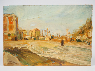 Vente aux enchères Mario CAVAGLIERI.  "Faubourg de Padoue au soleil" Huile sur carton, si