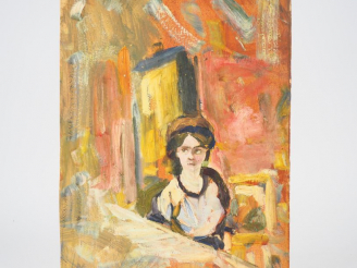 Vente aux enchères Mario CAVAGLIERI.  "Le bandeau bleu" Huile sur carton, titrée et datée