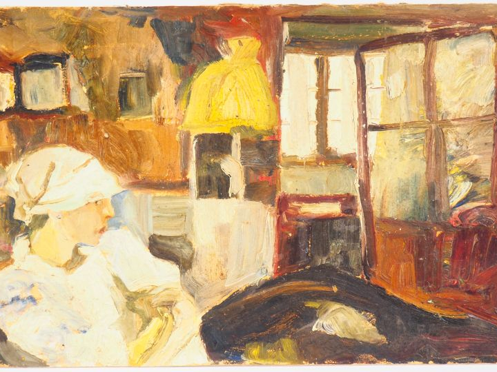 Mario CAVAGLIERI.  "La blouse blanche" Huile sur carton, signée en bas