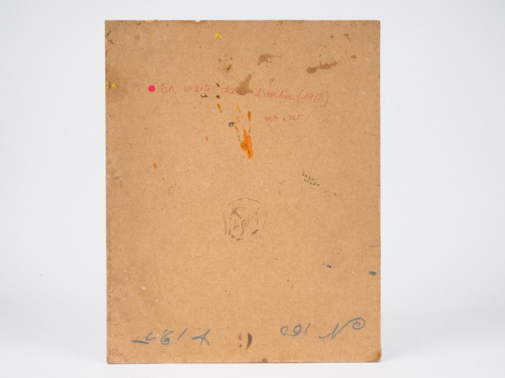 Mario CAVAGLIERI.  "En visite dans l'atelier" Huile sur carton, signée