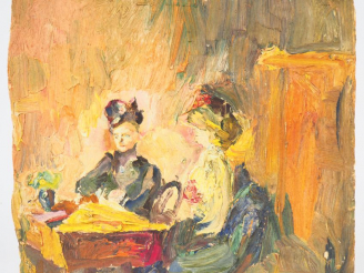 Vente aux enchères Mario CAVAGLIERI. "La leçon" Huile sur carton, titrée et datée au dos 