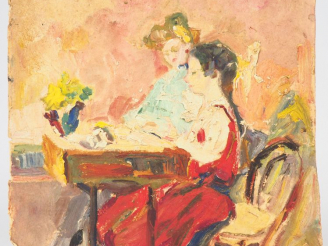 Vente aux enchères Mario CAVAGLIERI.  "La leçon de clavecin" Huile sur carton, titrée et 