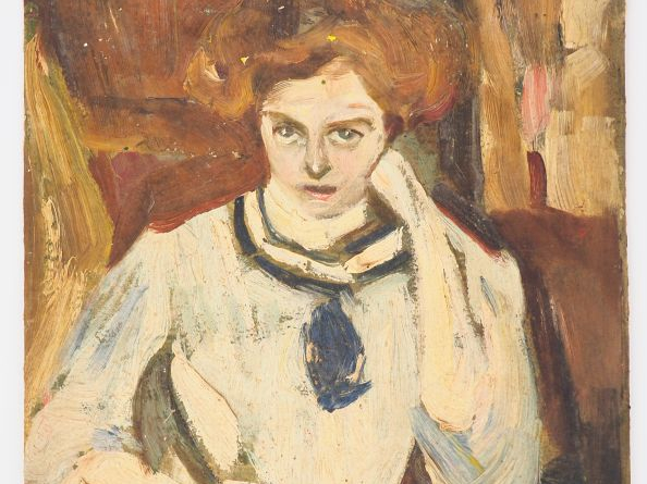 Mario CAVAGLIERI.  "la blouse blanche gansée de bleu" Huile sur carton