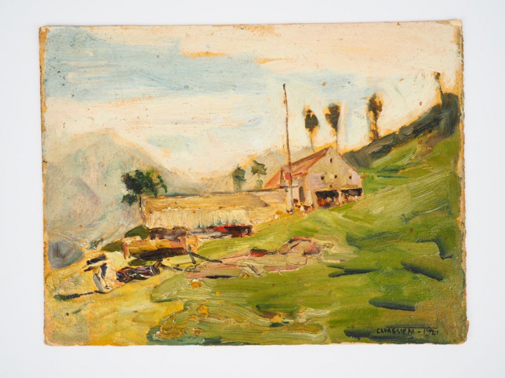 Mario CAVAGLIERI.  "Giulietta allongée à la montagne" Huile sur carton