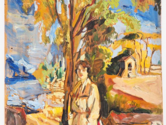 Vente aux enchères Mario CAVAGLIERI.  "Giulietta devant la chapelle" Huile sur carton, si