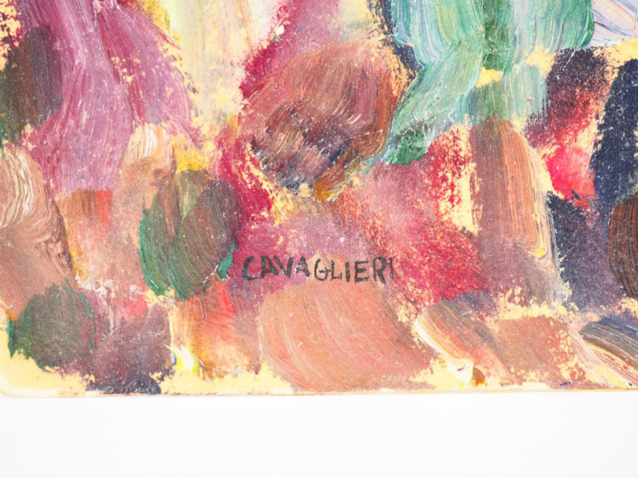 Mario CAVAGLIERI.  "La procession" Huile sur carton, signée en bas à g