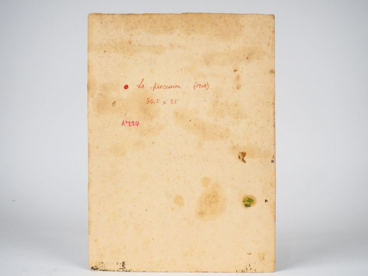 Mario CAVAGLIERI.  "La procession" Huile sur carton, signée en bas à g