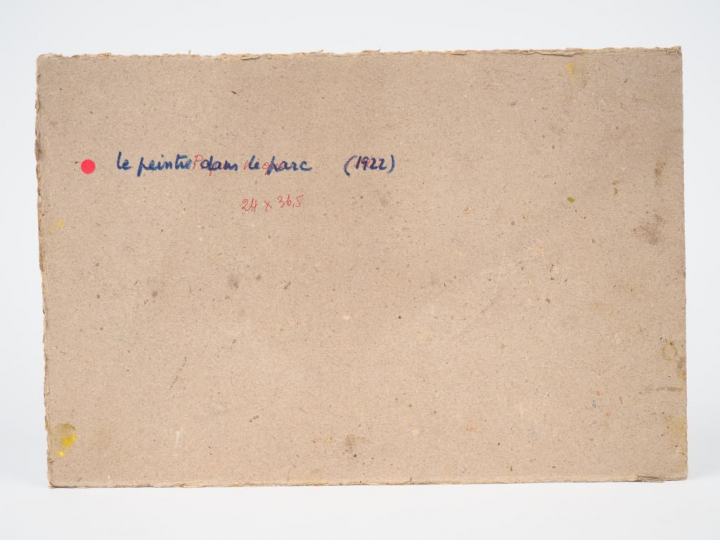 Mario CAVAGLIERI.  "Le peintre dans le parc" Huile sur carton, signée 