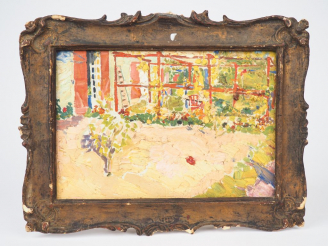 Vente aux enchères Mario CAVAGLIERI. "Tonnelle dans le jardin" Huile sur carton Dim. 20 x