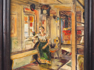 Vente aux enchères Mario CAVAGLIERI.  "Jeune femme pensive à la fenêtre". Huile sur toile