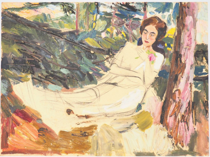 Mario CAVAGLIERI.  "Femme se reposant dans le parc" Huile sur carton, 
