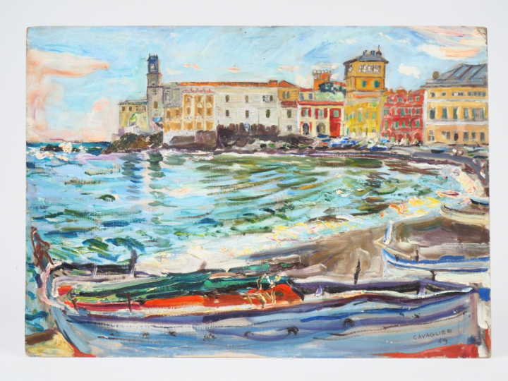 Mario CAVAGLIERI.  "La plage" Huile sur carton, signée en bas à droite