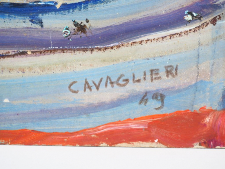 Mario CAVAGLIERI.  "La plage" Huile sur carton, signée en bas à droite