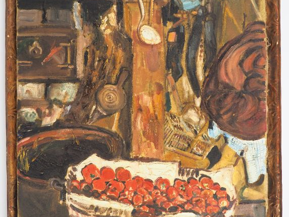 Mario CAVAGLIERI.  "La cuisine du moulin" Huile sur toile, signée en b