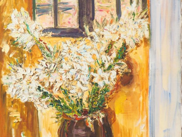 Mario CAVAGLIERI.  "Lys devant la fenêtre" Huile sur toile, signée en 