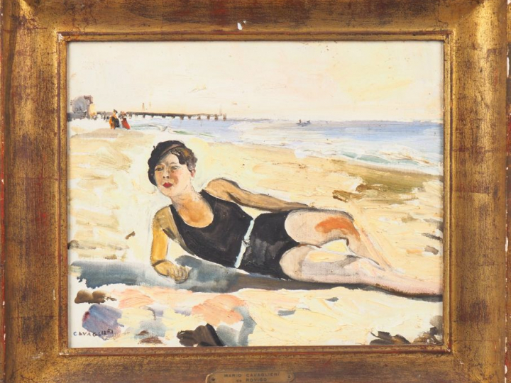 Mario CAVAGLIERI.  "Plage d'Hossegor" Huile sur toile, signée en bas à