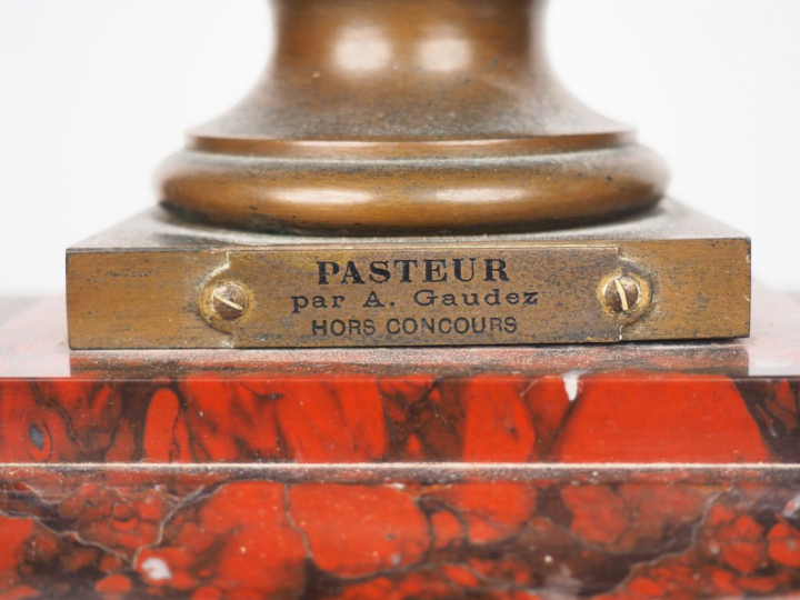 Encrier en marbre rouge et bronze à patine brune, portrait de Pasteur 