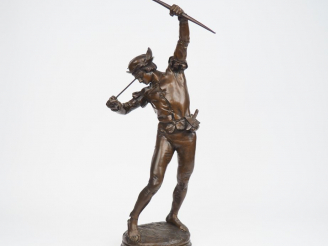 Vente aux enchères J. TURCAN.  "Guillaume Tell" Sculpture en bronze à patine brune. H. 65