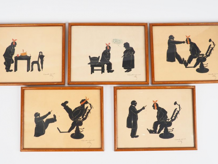 5 encadrements humoristiques en silhouettes sur le thème des dentistes