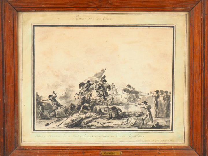 GAMELIN. "attaque de cavalerie près du Boulou" Dessin au lavis, signé 