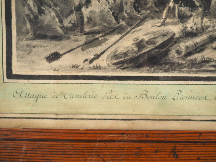 GAMELIN. "attaque de cavalerie près du Boulou" Dessin au lavis, signé 