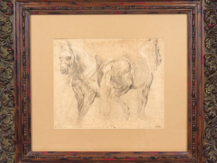 Ecole du Nord XIXème monogrammée PPR. "Etude de chevaux" Dessin au cra